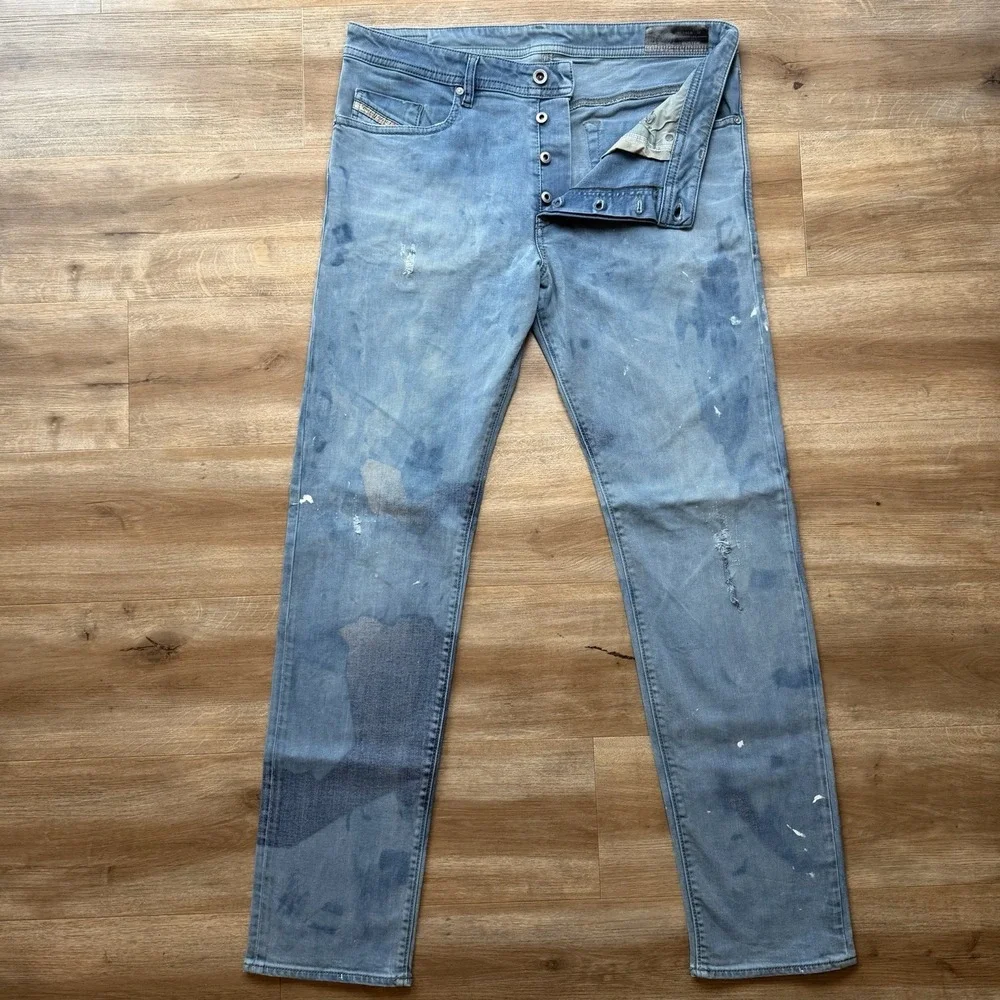 Diesel Buster Jeans Men 36x34 Blue Slim Tapered Unique Paint Contrast Wash 0845F